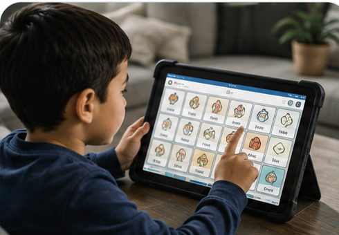 A boy selecting words on a Bolo communication board on a tablet