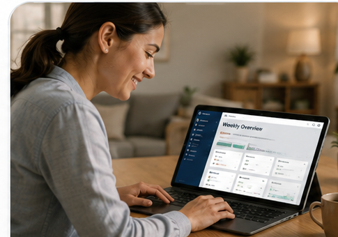 A caregiver reviewing the week's care overview on a laptop at home