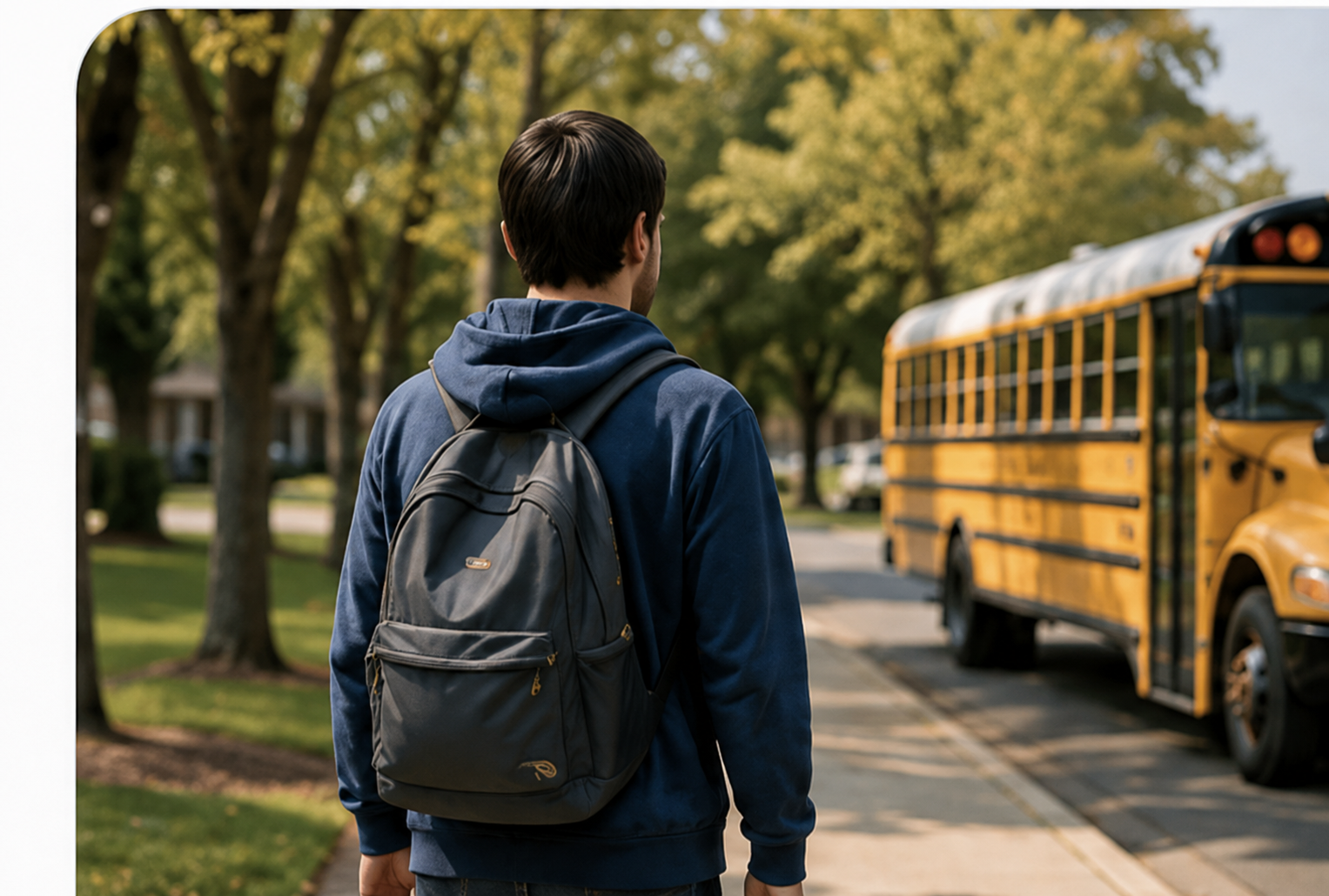 A young adult walking to the bus on an ordinary morning