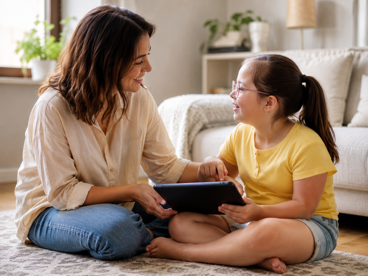A parent and child communicating together with a tablet at home