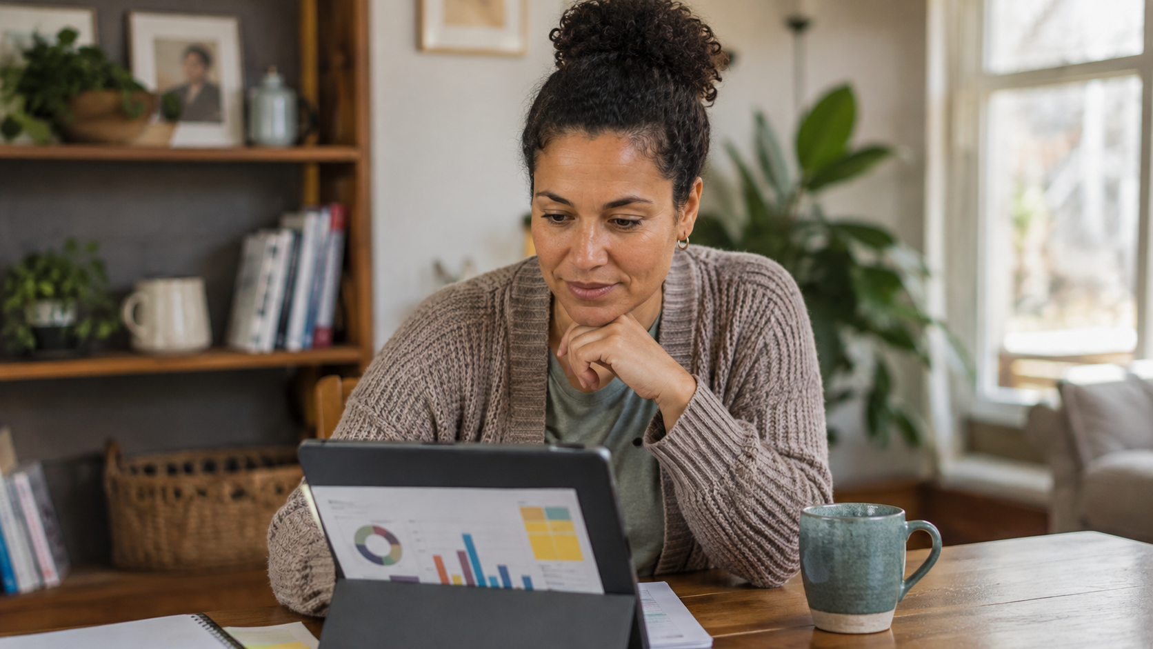 A caregiver reviewing care information on a tablet at home