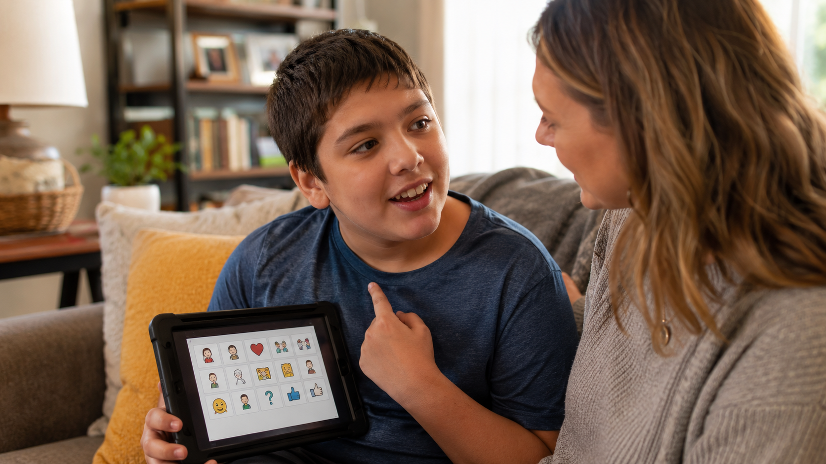A boy pointing to a feelings board on a tablet while talking with his mother