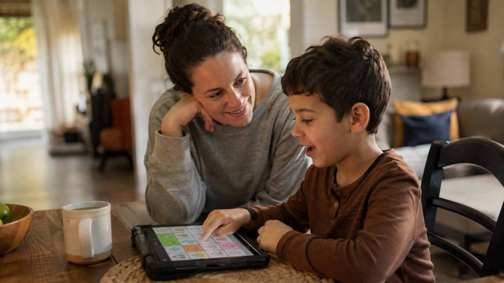 A parent and child using a communication app together at the kitchen table