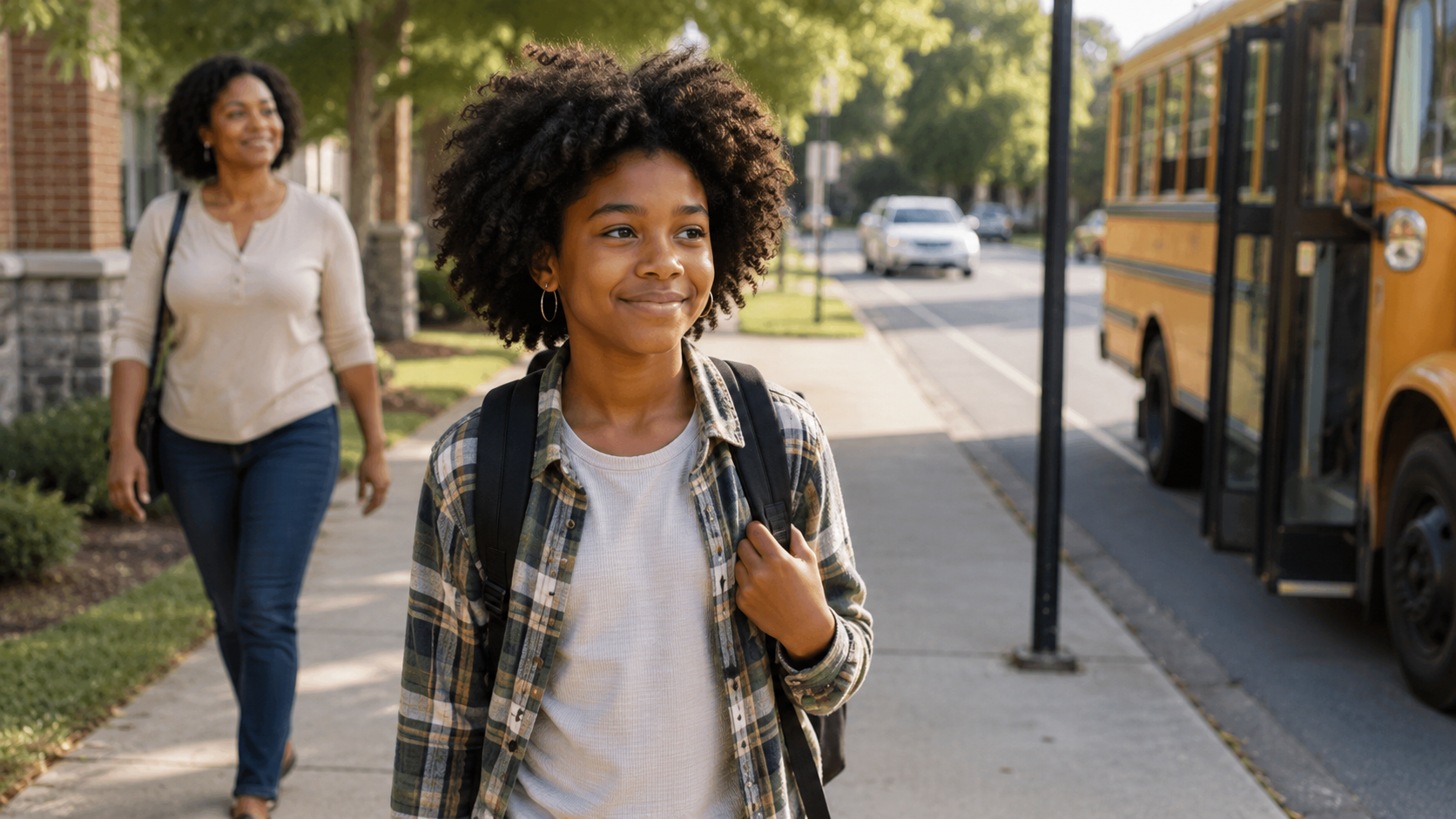 A teenager walking to the school bus while a parent walks behind
